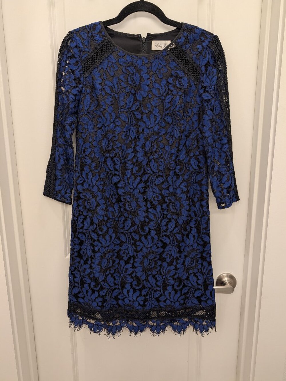 Eliza J 6P Petite Royal Blue Black Floral Lace Sheath Dress 3/4 Sleeve